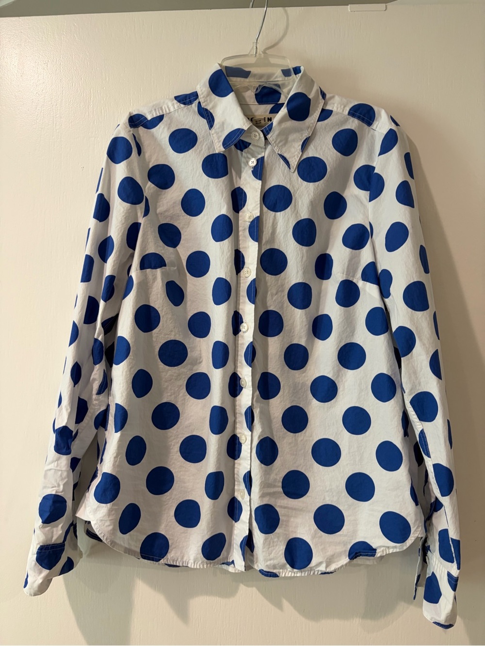 Boden White Shirt with Bold Blue Polka Dots